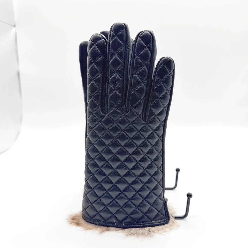 VIKIDEER Quilted Leather Gloves Women M Black Rabbit Fur Trim Cashmere Lined NEW